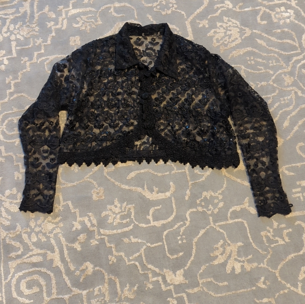 Vintage Black Lace CACHE beaded Bolero Jacket Shirt Button down